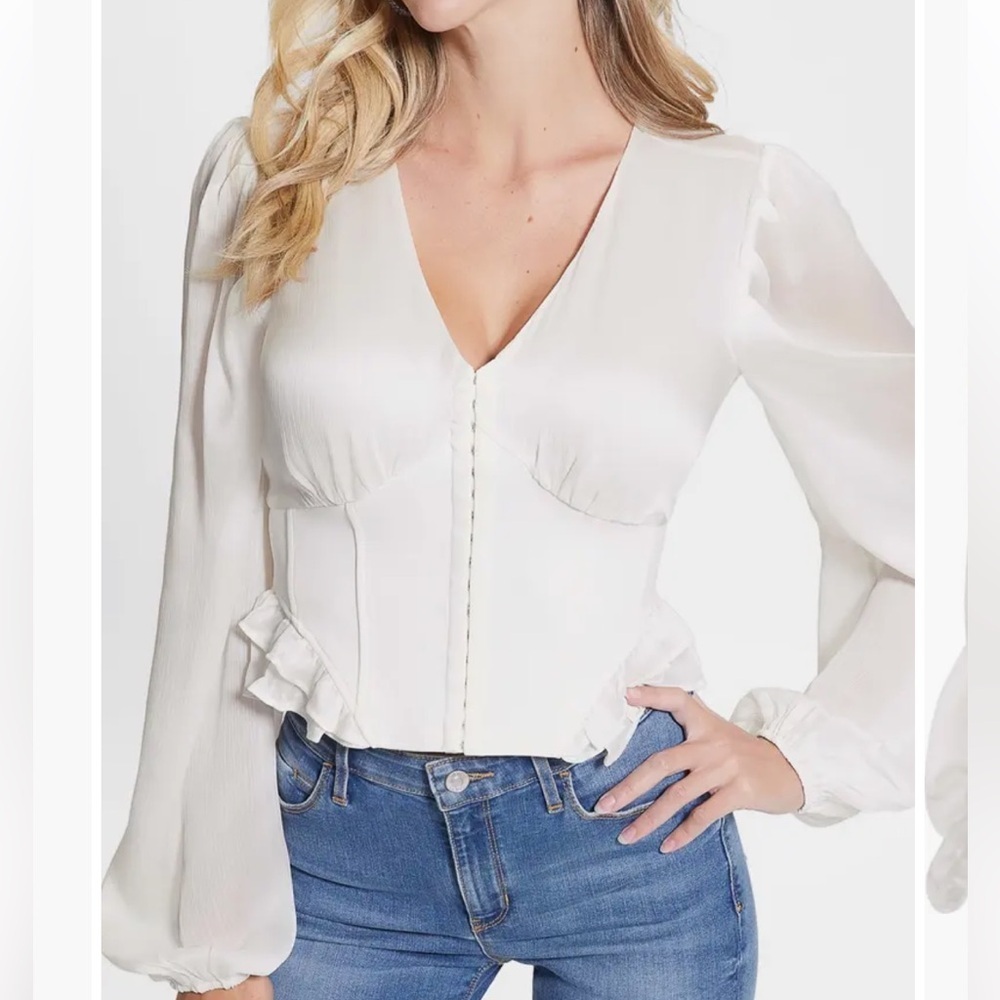 Guess Hamiri Long Sleeve Corset Blouse Top White Size Small